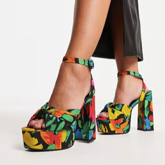 ASOS DESIGN NATIA KNOTTED PLATFORM HEELED IN MULTI FLORAL US 7 - Picture 7 of 8